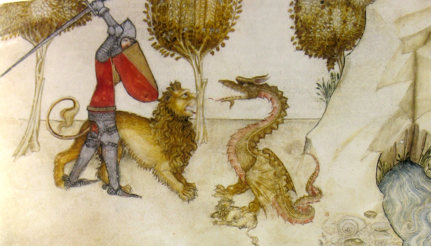 Yvain et le lion combattent le dragon - vers 1380
