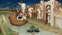 Illustration de l'escale de Marco polo à Ormuz avec un bateau rempli d'animaux et de biens